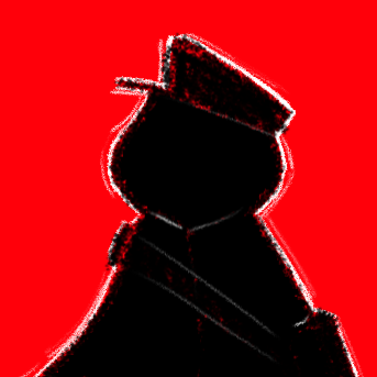 image ID: a cartoon-style and slightly horror-style drawing of a vaguely humanoid figure's silhouette.
                they appear to be wearing a vintage mailman hat, a cloak of some kind, and a satchel. the background is bright red. end ID
