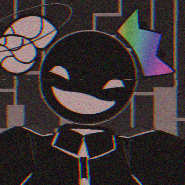 image ID: a cartoon-style headshot drawing of a feminine humanoid individual. their head is a black floating orb,
                located above where their neck should be. on one side of their head, they have a white ram horn with a halo around it. on the other side of their head,
                they have a rainbow-colored crown. their head is slightly tilted, and they have an emoticon-like smiling face. they are wearing a black button-up shirt. end ID