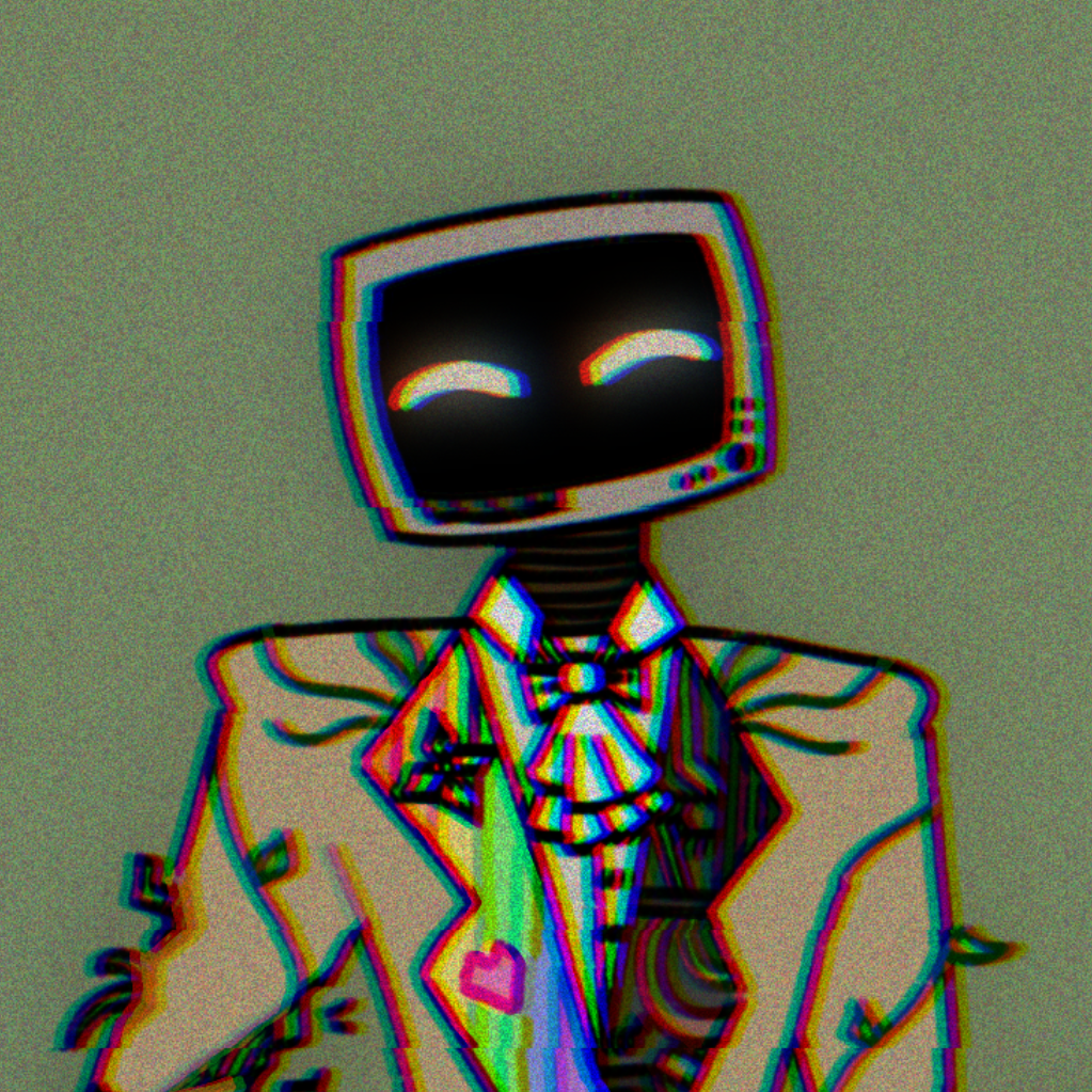 image ID: a cartoon-style headshot drawing of a person with a vintage HP 250 monitor as their head. they are wearing a
                beige suit jacket decorated with small green plant growth designs. underneath the suit, they are wearing a white button-up shirt. end ID