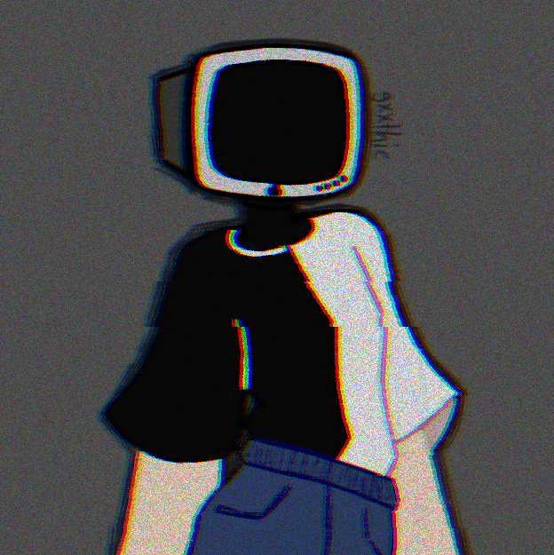 image ID: a cartoon-style headshot drawing of an androgynous person with an old Gateway computer monitor as a head. 
                they are wearing a half black and half white t shirt. end ID